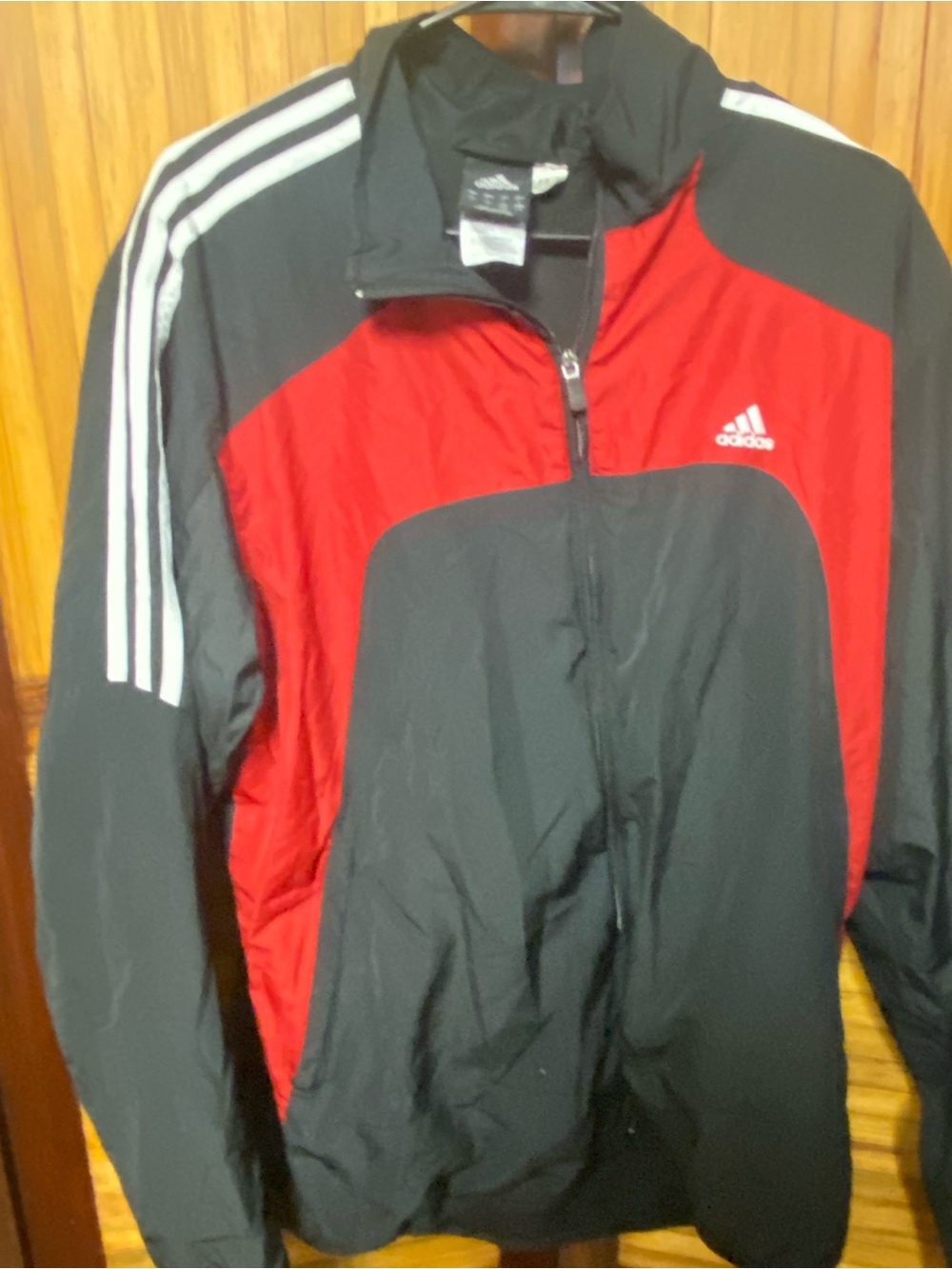 adidas Black and Red Men’s Windbreaker Jacket with Three Stripes